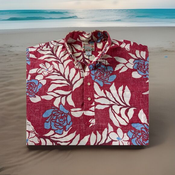 REYN SPOONER Reverse Print Mens Hawaiian Shirt Commemorative Sz L Red Blue - Picture 1 of 8